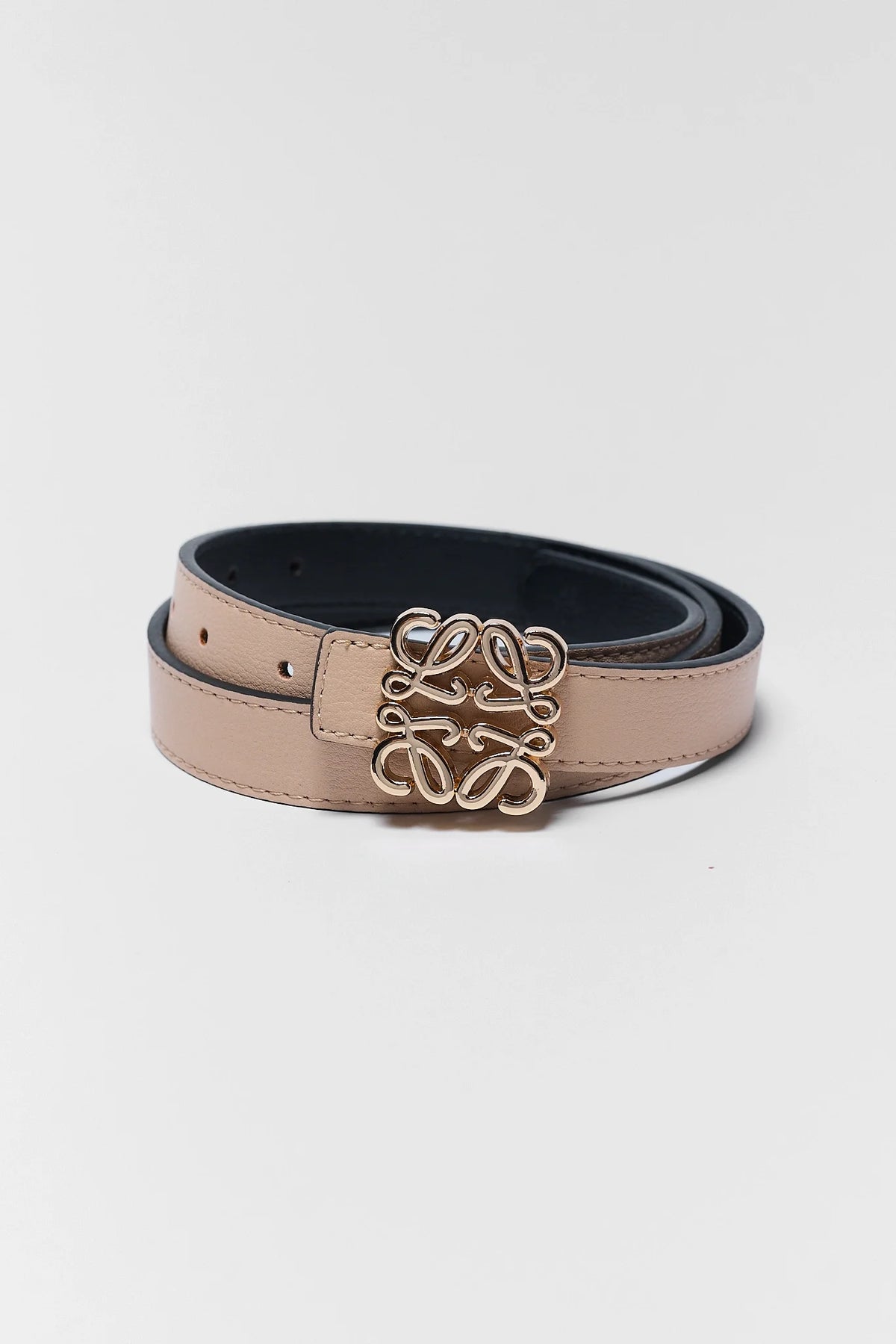 Rowan Tan Faux Leather Belt coiled, gold-tone script buckle, dark lining - Product Detail | Avara