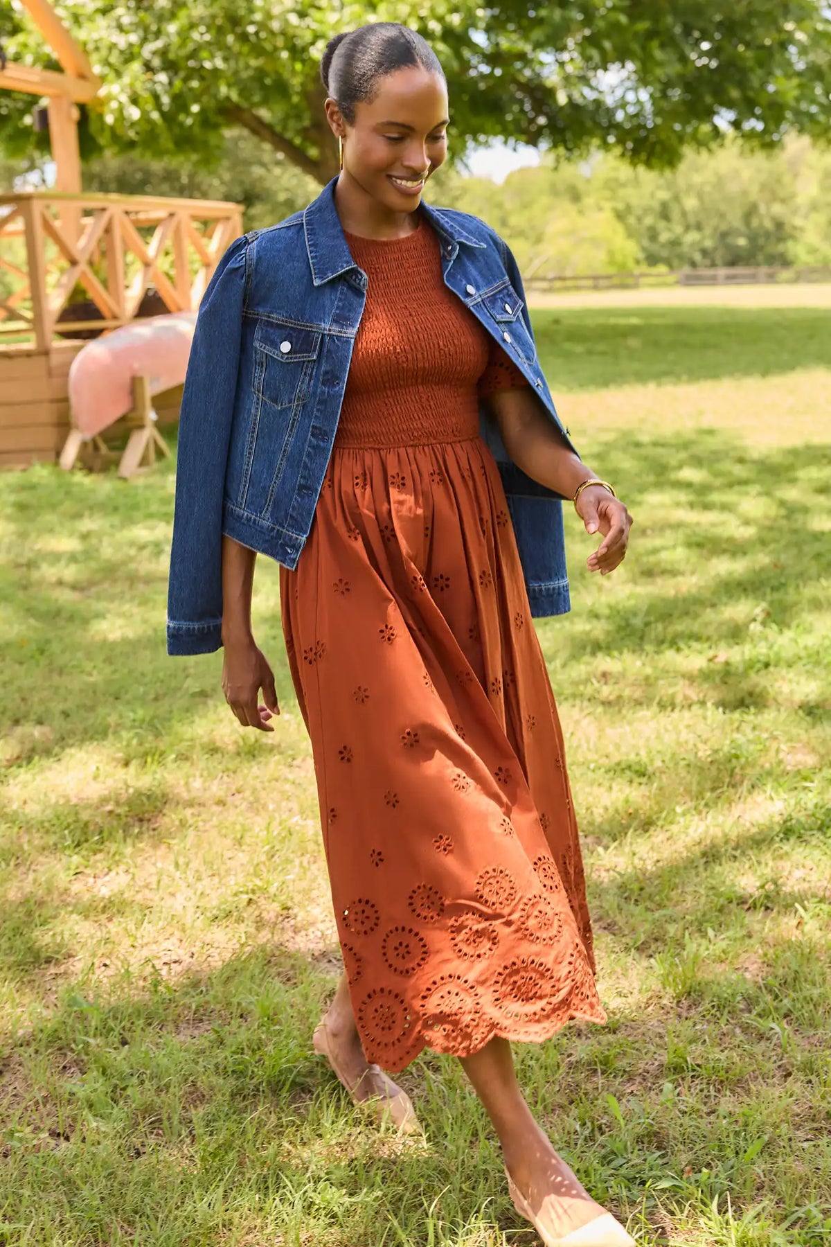 Roxanna Dark Wash Jean Jacket Styled Over Rust Smocked Midi Dress - Outdoor Lifestyle Look | Avara