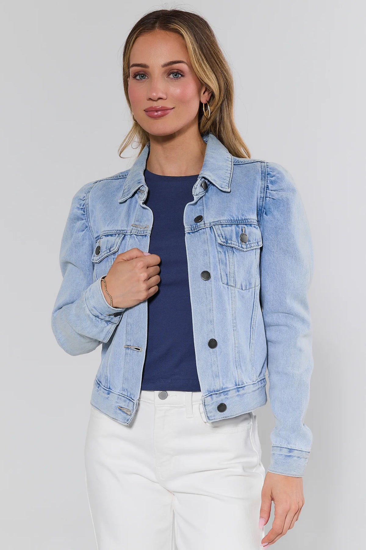 Roxanna Light Wash Puff Sleeve Denim Jacket - Front View, On Model | Avara