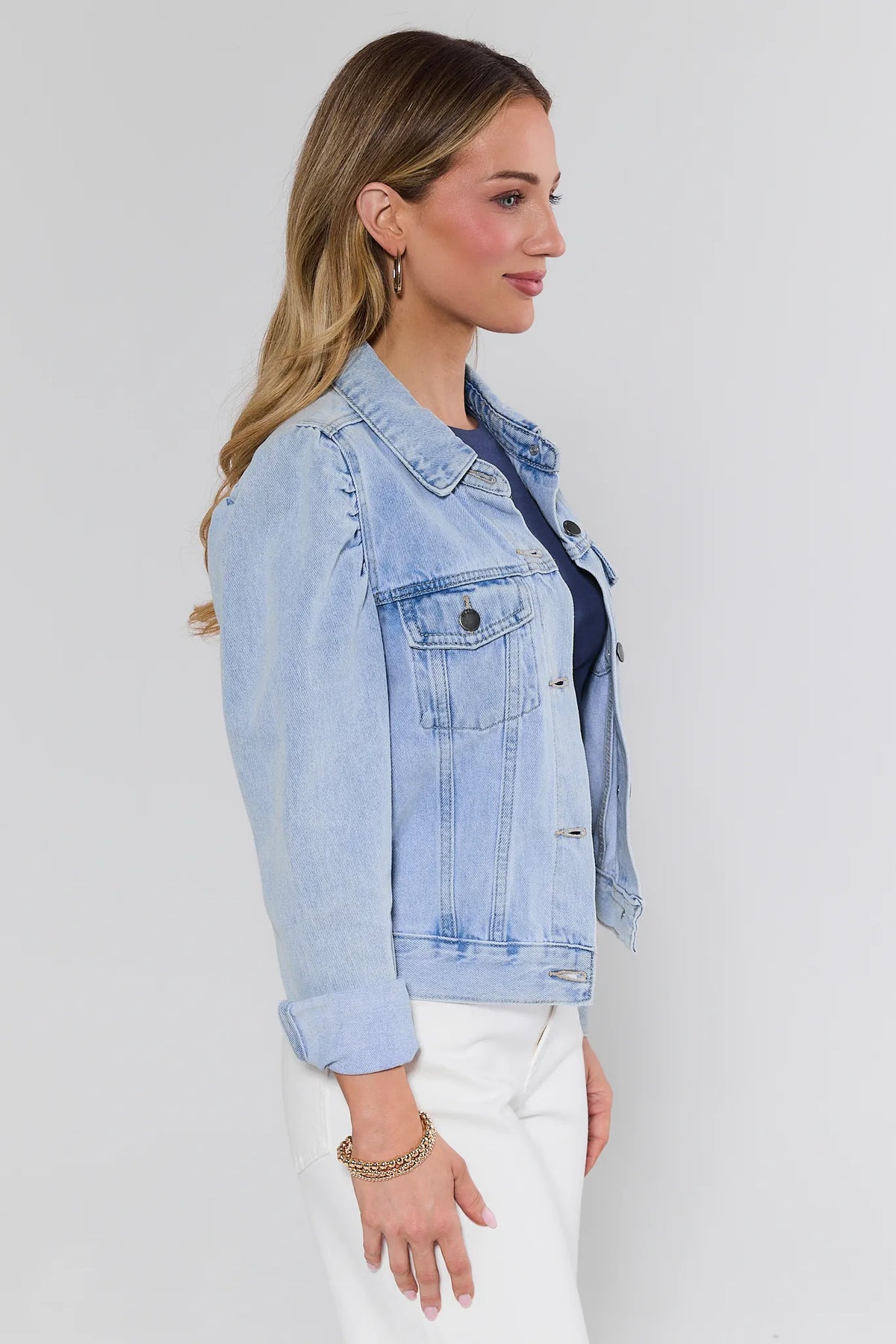 Roxanna Light Wash Denim Jacket - Side Profile, Puff Sleeve & Seam Detail On Model | Avara