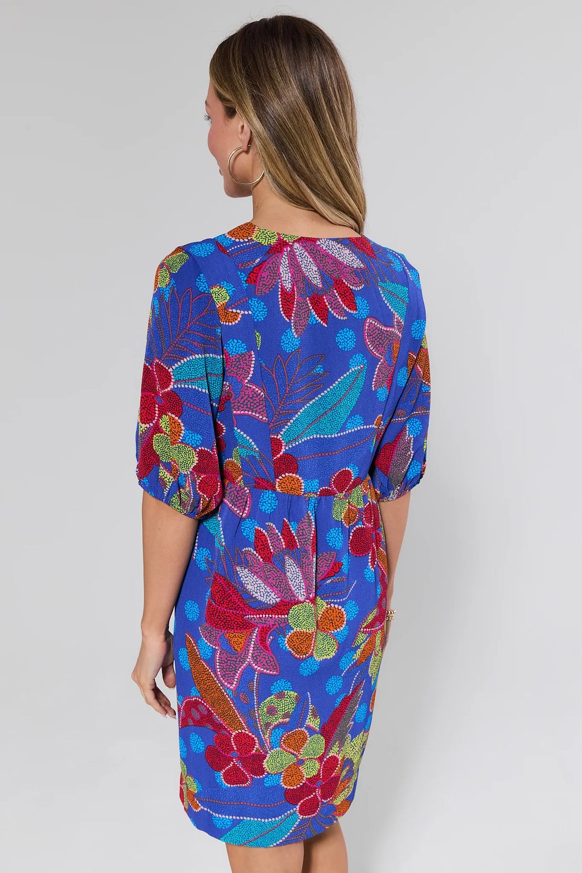 Rita Blue Floral Print Short Dress, back view, balloon sleeves, bold tropical floral print | Avara