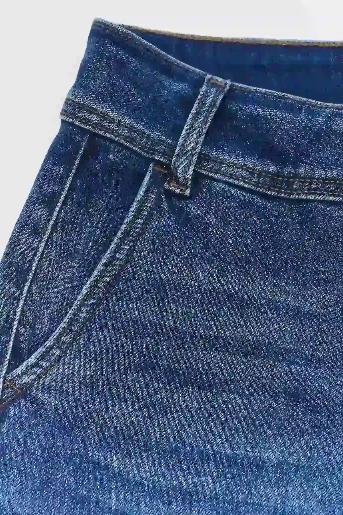 Medium Wash Denim Wide Leg Jeans - Waistband and Front Pocket Close-Up Detail | Avara