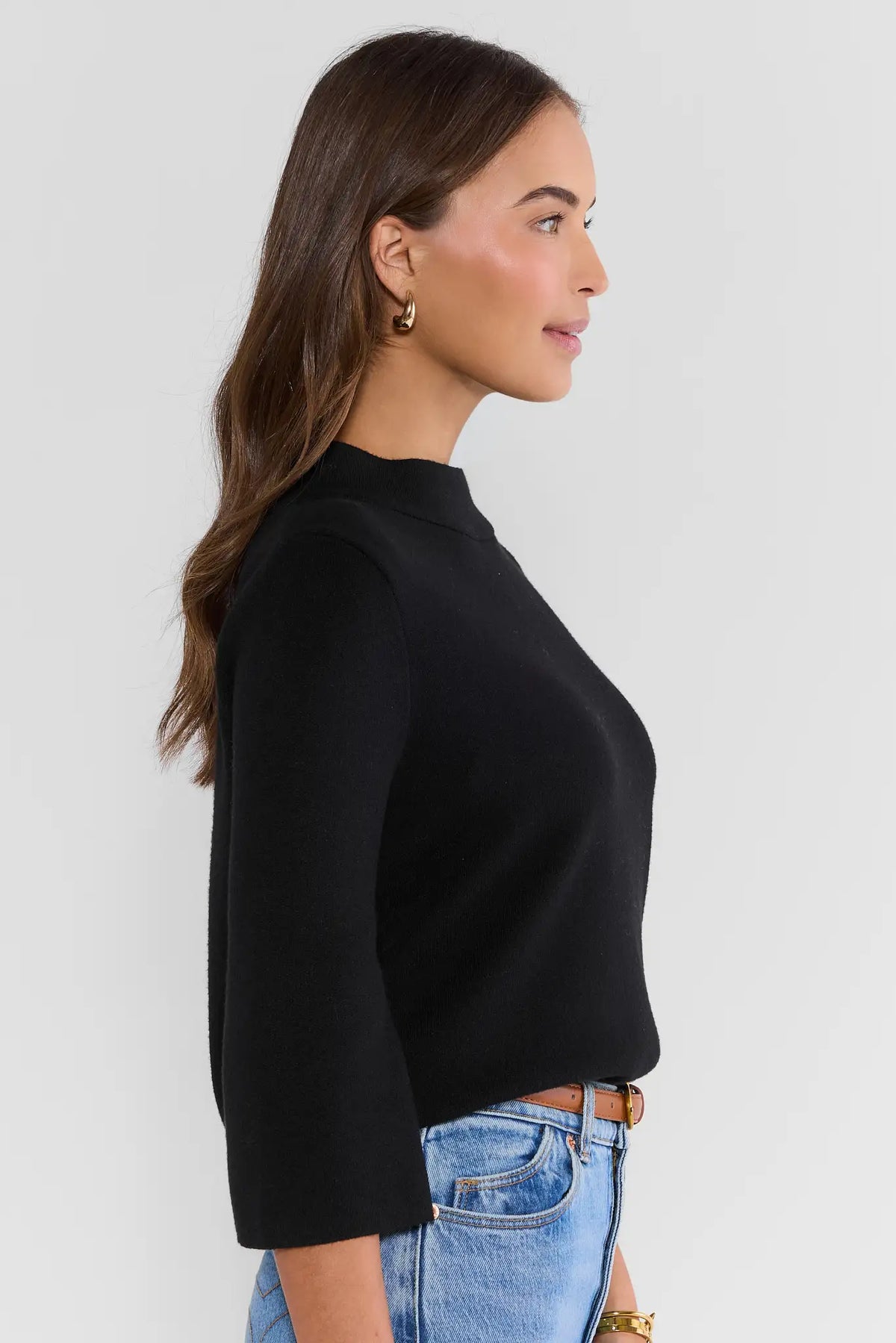 Jackie Black Knit Sweater - Side Profile View, 3/4 Bell Sleeve & Relaxed Fit Detail | Avara