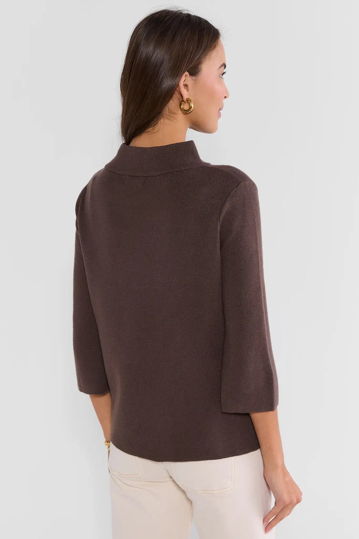 Brown Modest Knit Sweater with 3/4 Bell Sleeves and Mock Neck - Back View on Model | Avara