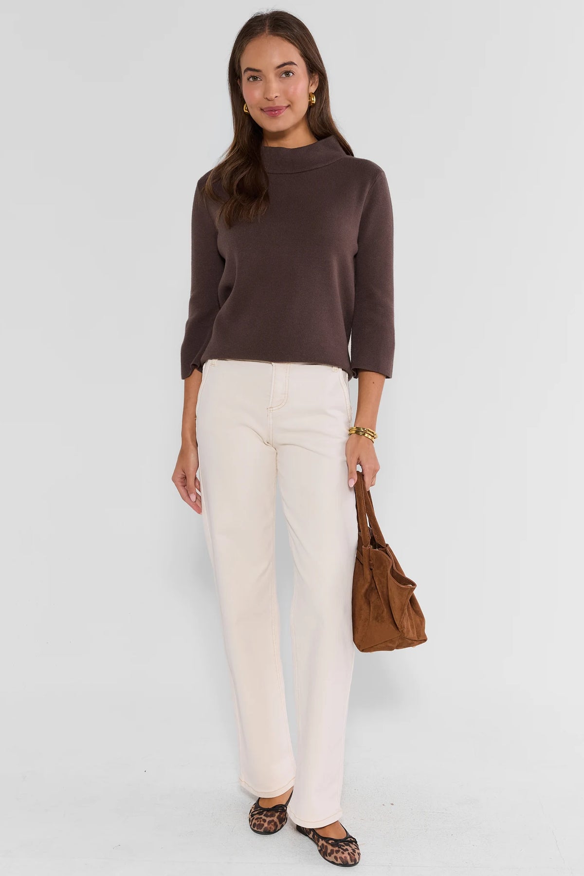 Jackie Brown Knit Sweater Styled with Cream Pants and Suede Bag - Full Outfit Look | Avara