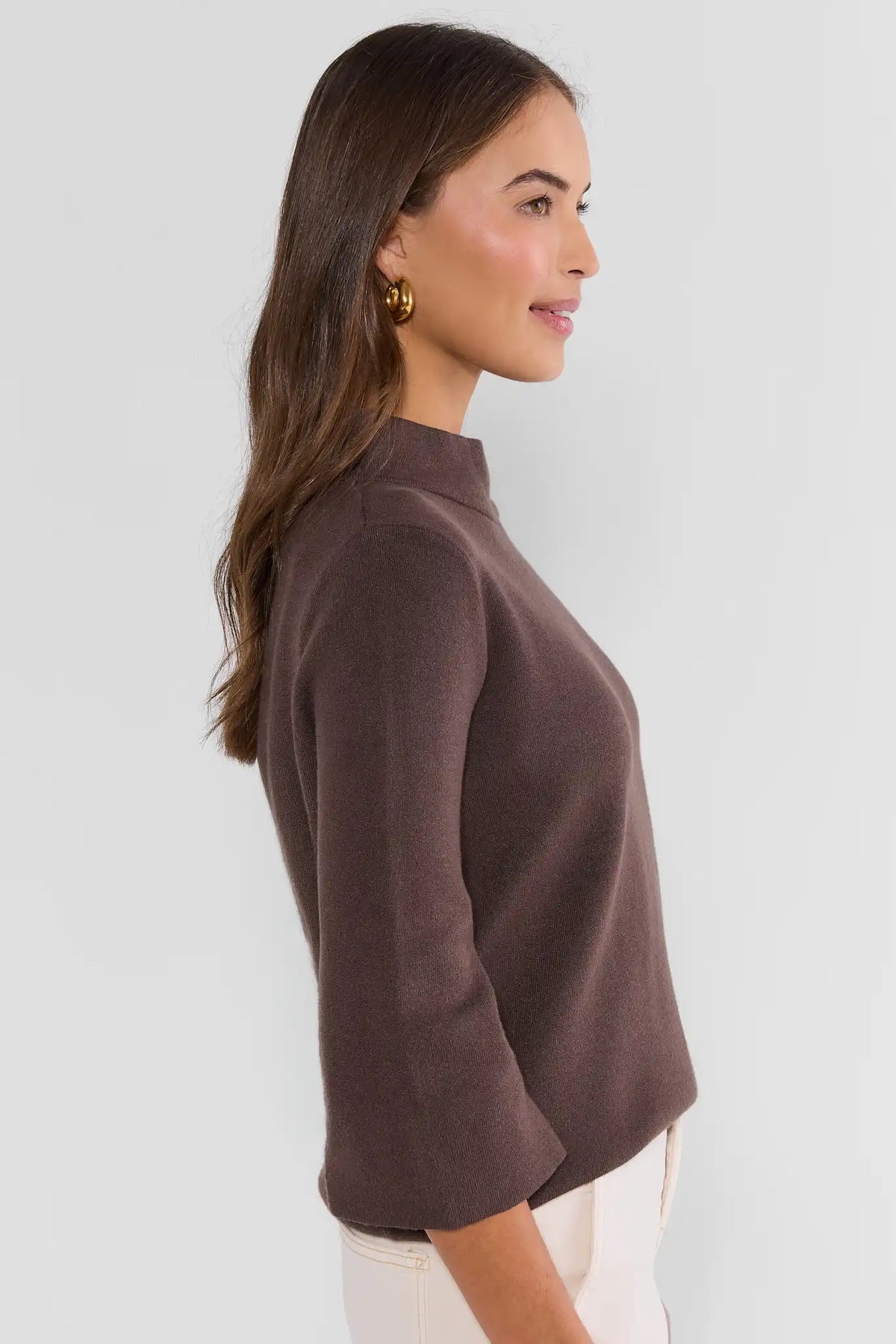 Brown Women's Knit Sweater with Mock Neck and 3/4 Bell Sleeves - Side Profile | Avara