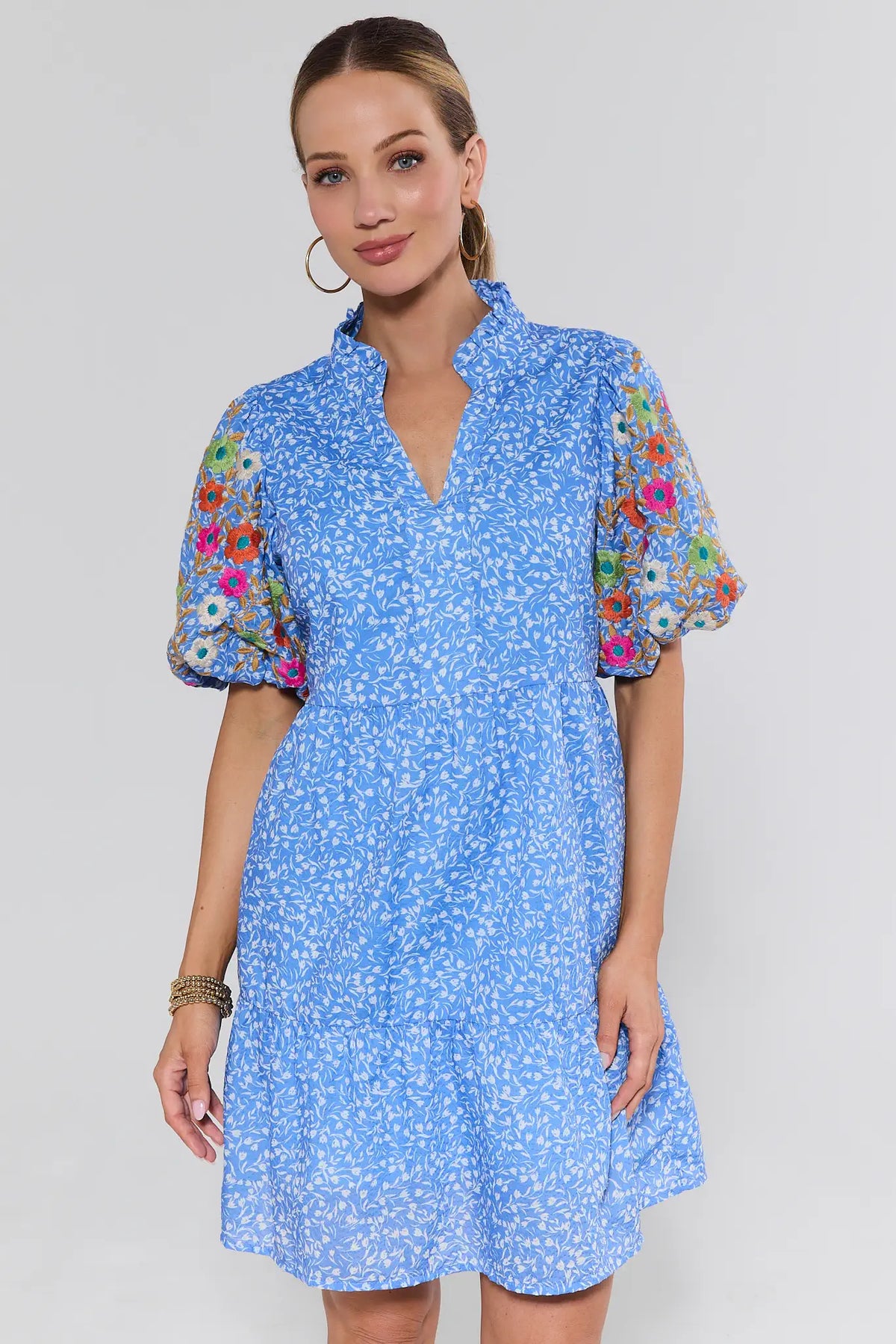 Sue Ann Blue Floral Short Dress by THML - ruffled neckline, embroidered puff sleeves, shift silhouette, front view | Avara
