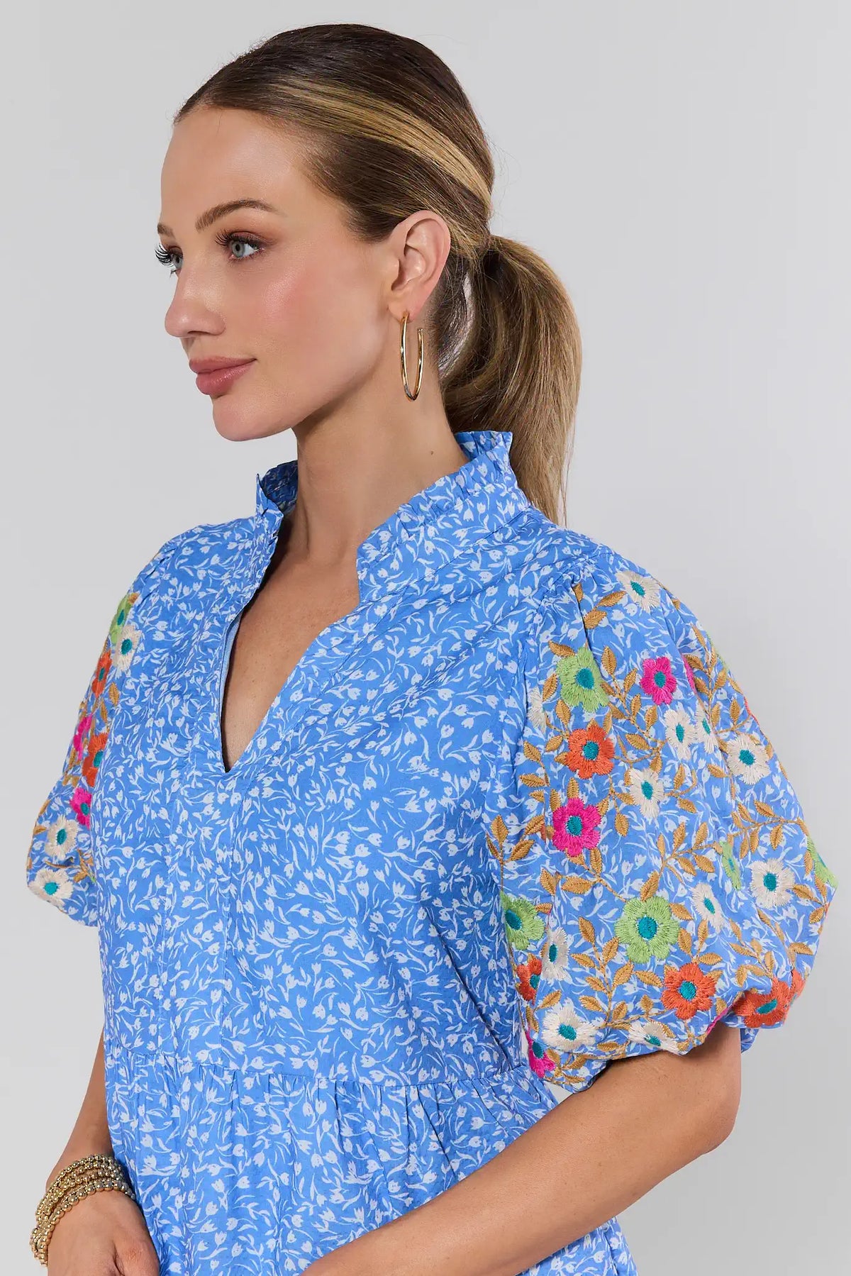 Sue Ann Blue Floral Short Dress by THML - close-up of colorful embroidered puff sleeves and ruffle neckline, side angle | Avara