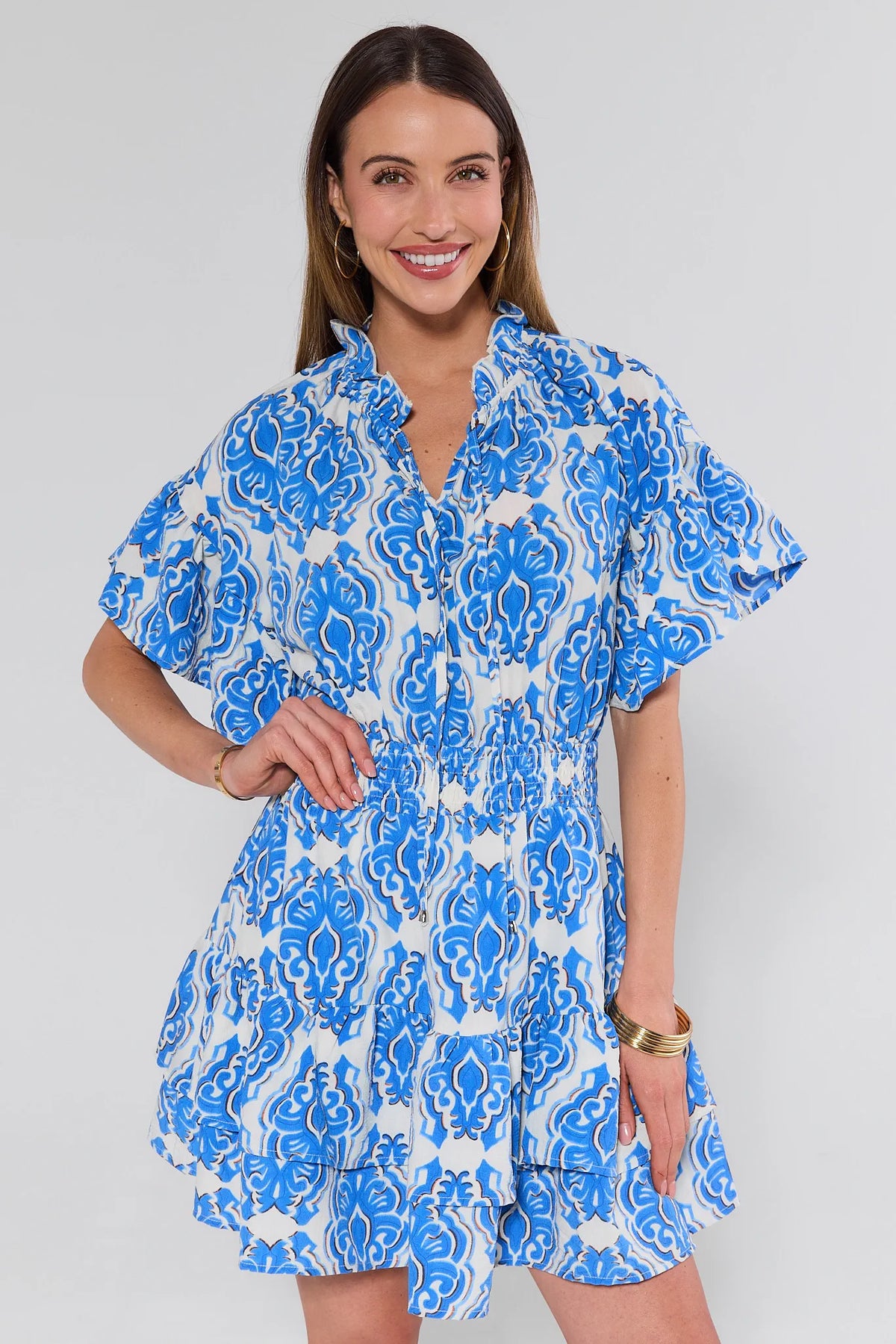 Ellianna Blue Patterned Short Dress, smocked waist, flutter sleeves, front view on model | Avara
