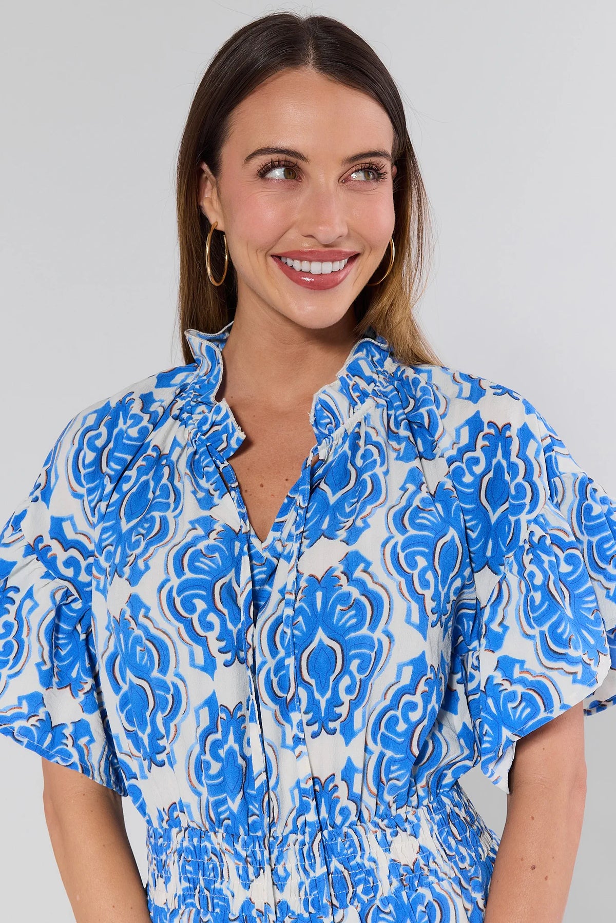 Ellianna Blue Short Dress ruffle neckline and smocked waist close-up detail | Avara