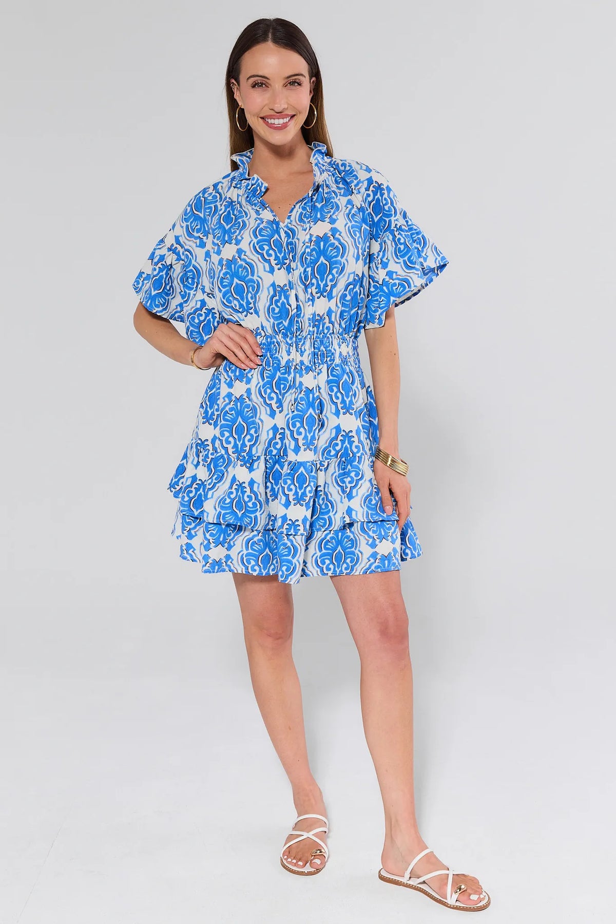 Ellianna Blue Patterned Short Dress full-length front view with white sandals, women's sundress | Avara