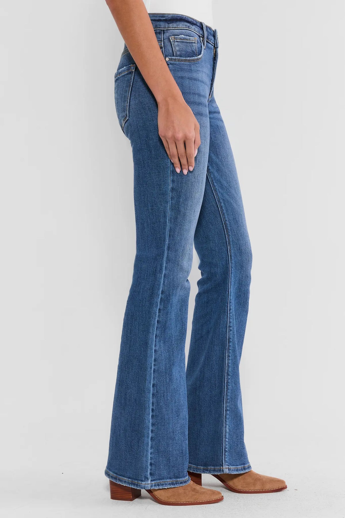 Maeve Medium Wash Flare Jeans - Side Profile View, Flared Leg | Avara