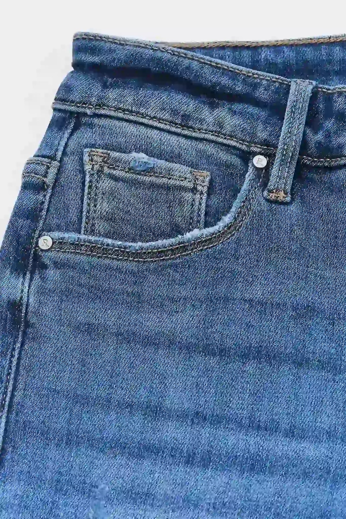 Maeve Medium Wash Denim - Front Pocket & Waistband Close-Up Detail | Avara