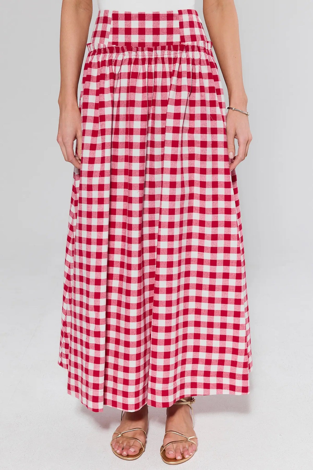 Allie Red Gingham Maxi Skirt high-rise elastic waist A-line silhouette - Front Detail | Avara