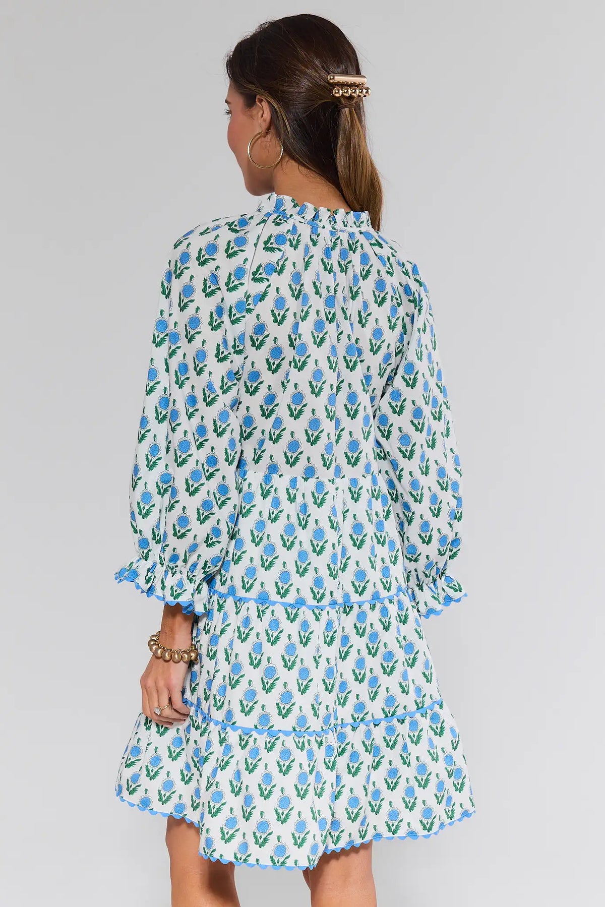 Camilla Blue Floral Print Short Dress - Back View, scallop hem and ruffle cuff detail | Avara