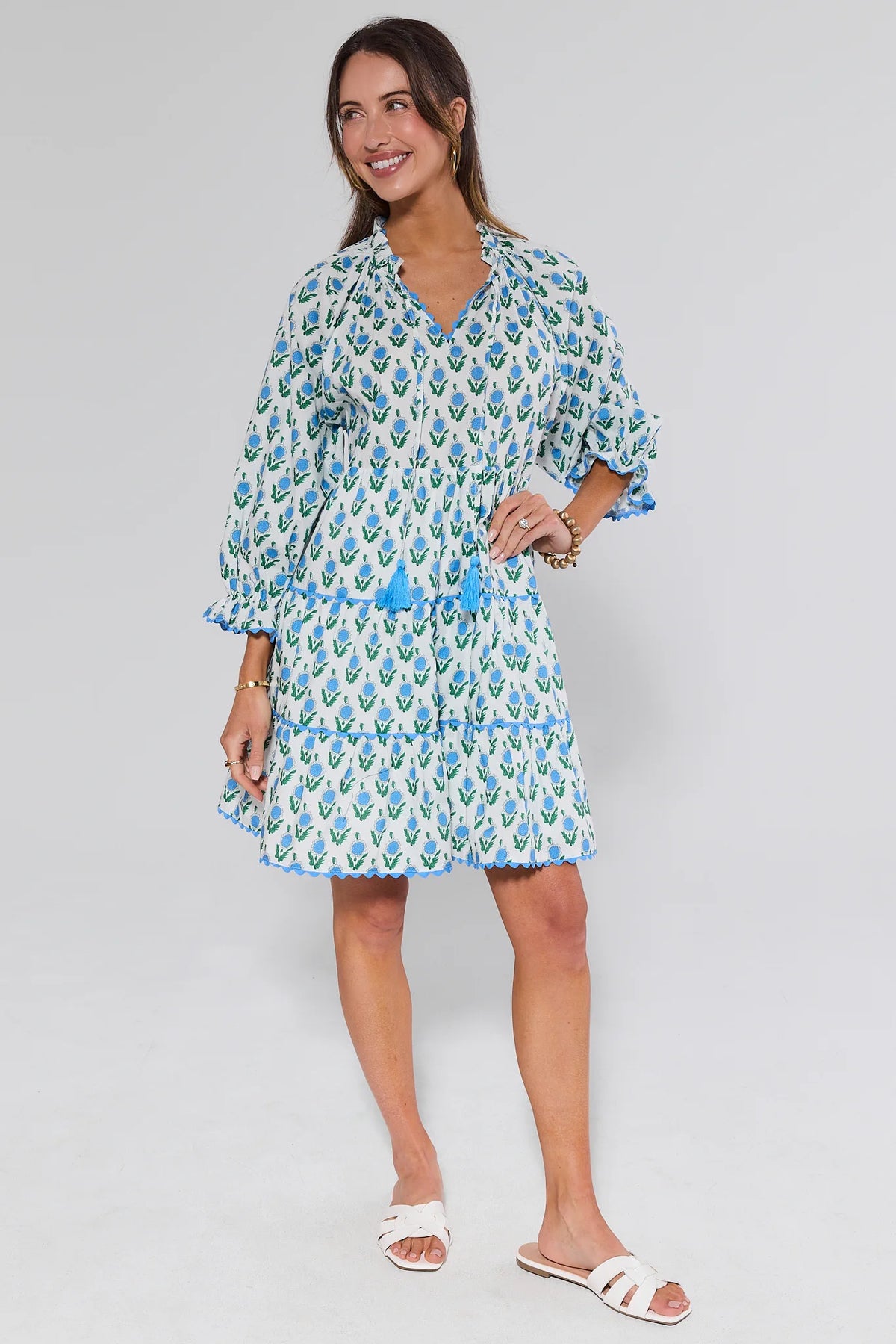 Camilla Blue Floral Print Short Dress - Full Length with sandals, tiered hem scallop trim | Avara