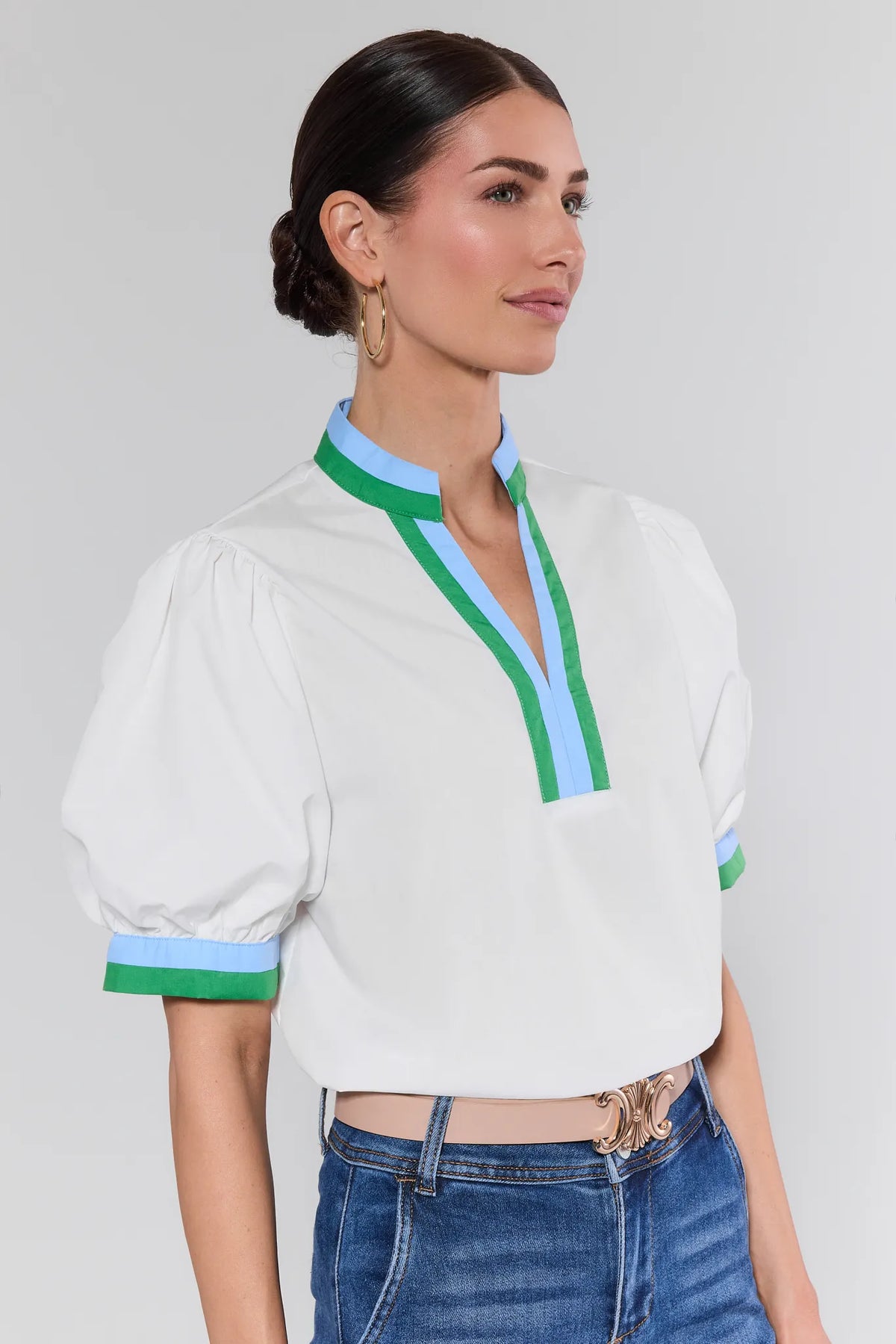 Adelaide White Puff Sleeve Top with striped cuffs - Side Angle View | Avara