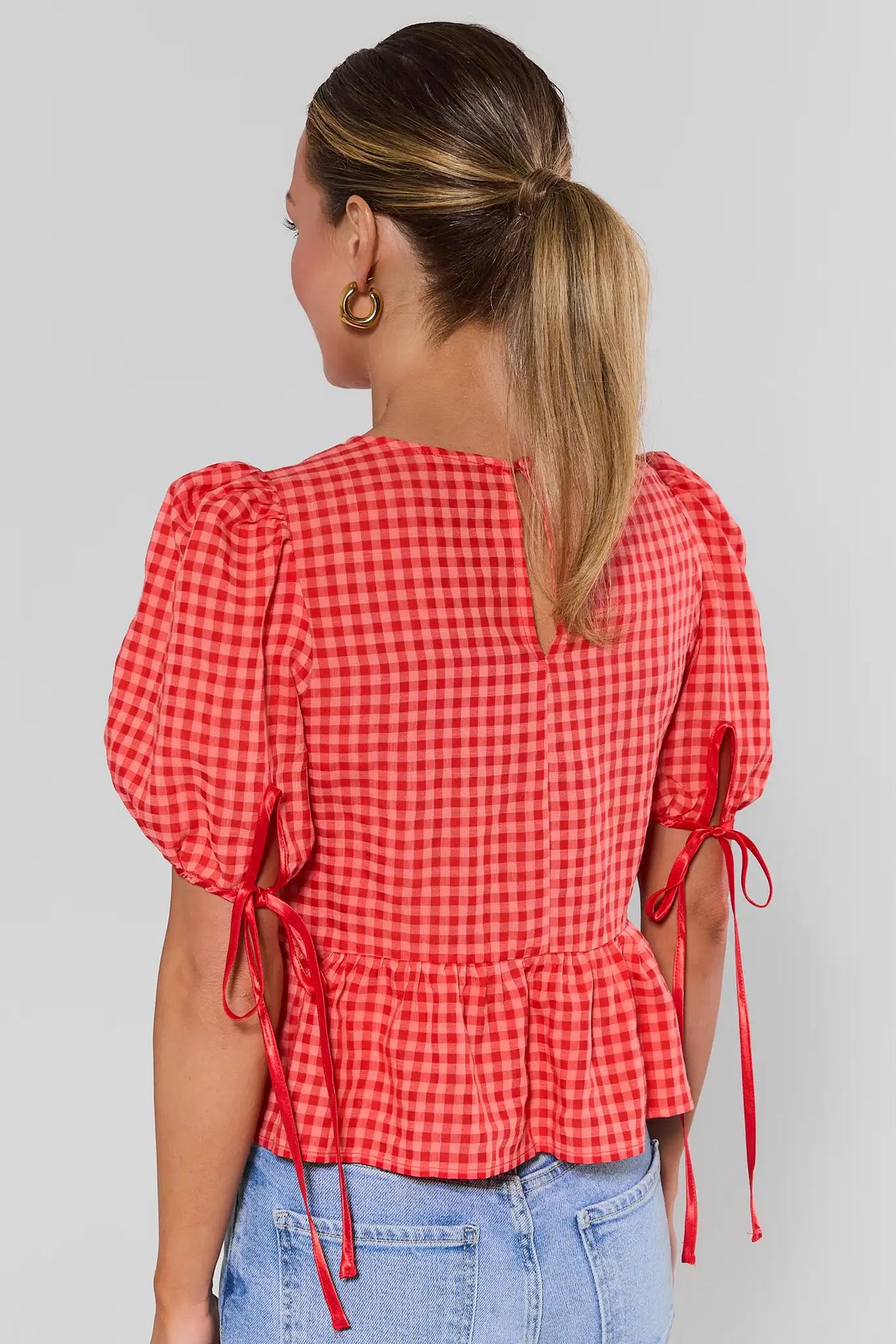 Felicia Red Gingham Peplum Top back view showing ribbon tie sleeves and peplum hem | Avara