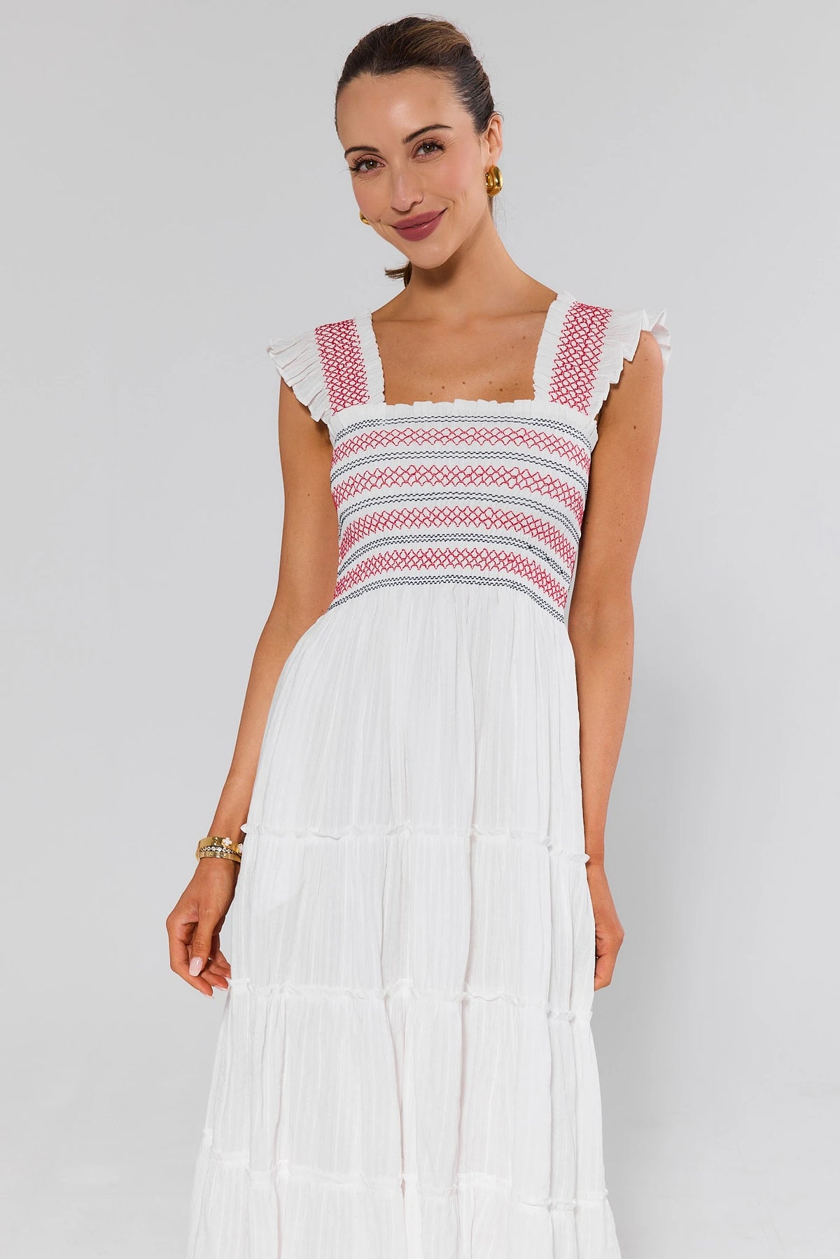 White Embroidered Midi Dress with red contrast-stitched bodice and ruffle straps - Front View | Avara