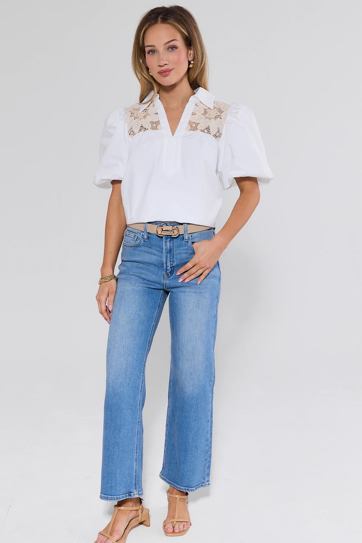 Penelope White Crochet Lace Top full-length front view, styled with wide-leg jeans and sandals | Avara