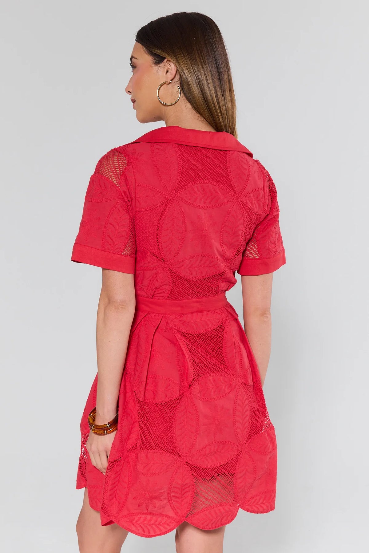 Annie Red Netted Short Dress back view showing netted overlay and tie waist | Avara