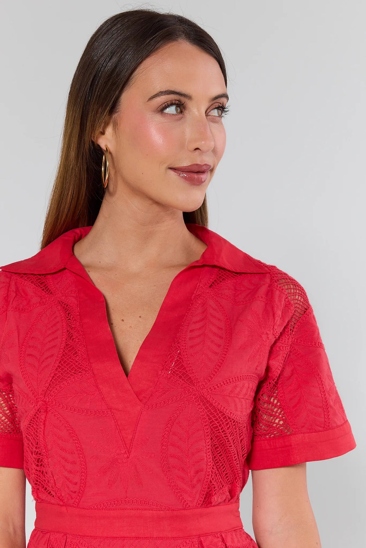 Annie Red Netted Short Dress collar and netted overlay close-up detail - Detail View | Avara