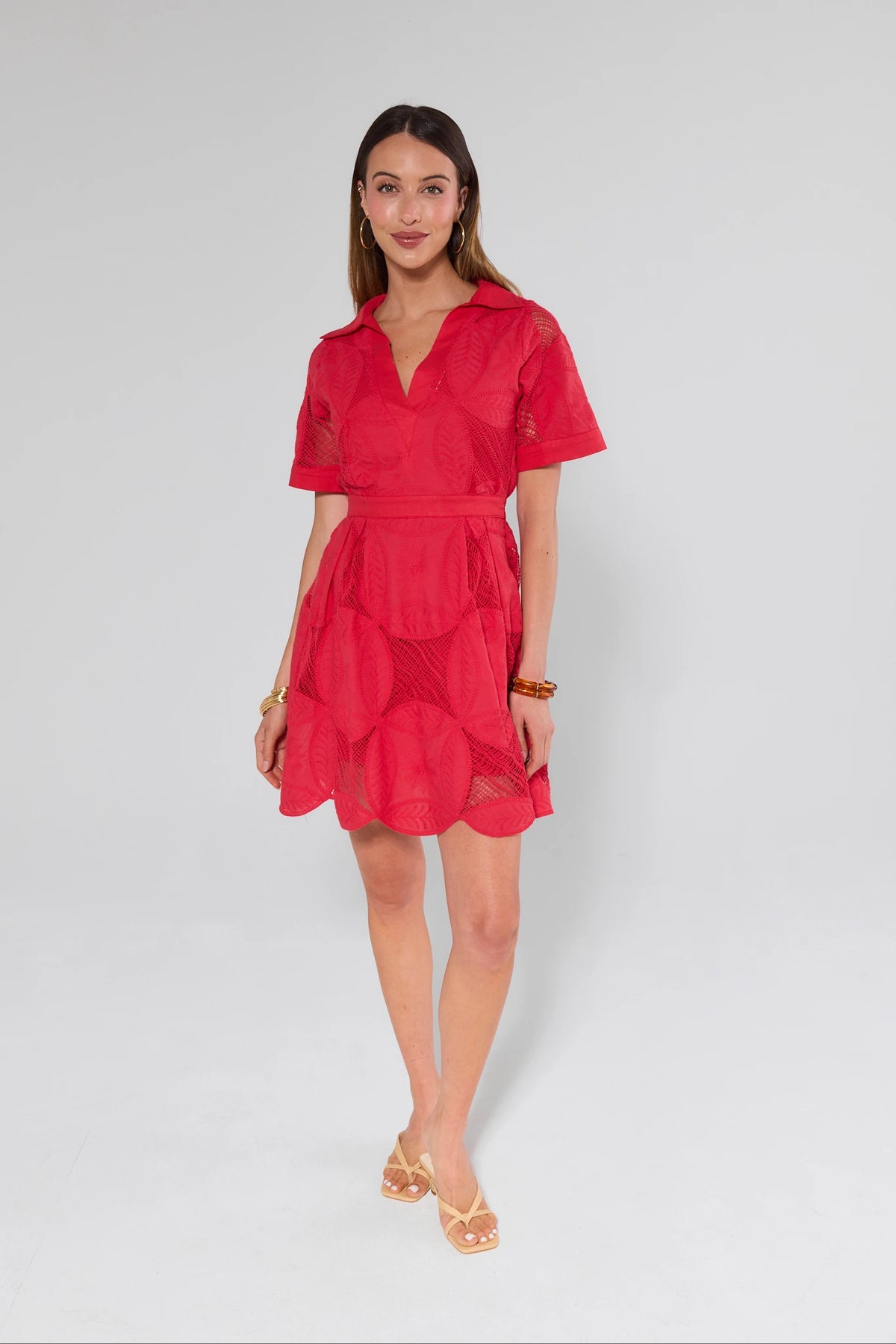 Annie Red Netted Short Dress with scalloped hem and tie waist - Full Length Front | Avara