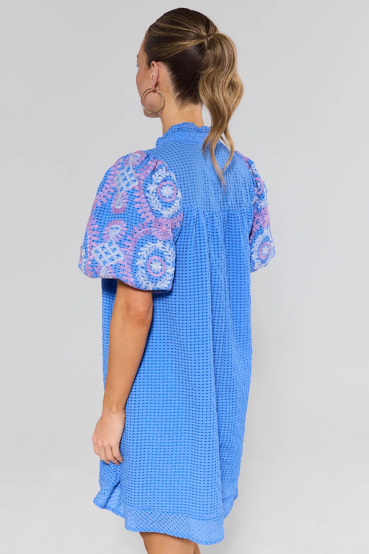 Camila Blue Embroidered Sleeve Dress windowpane texture and embroidered sleeves - Back View | Avara