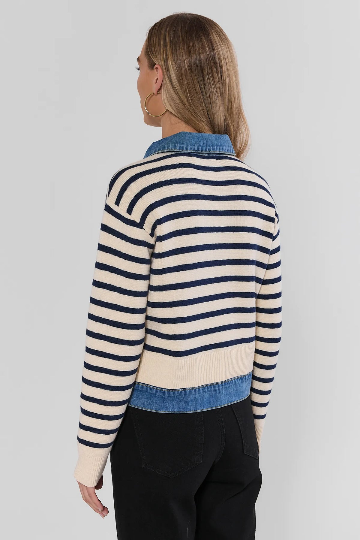 Ivory Navy Striped Denim Trim Cardigan - Back View On Model | Avara