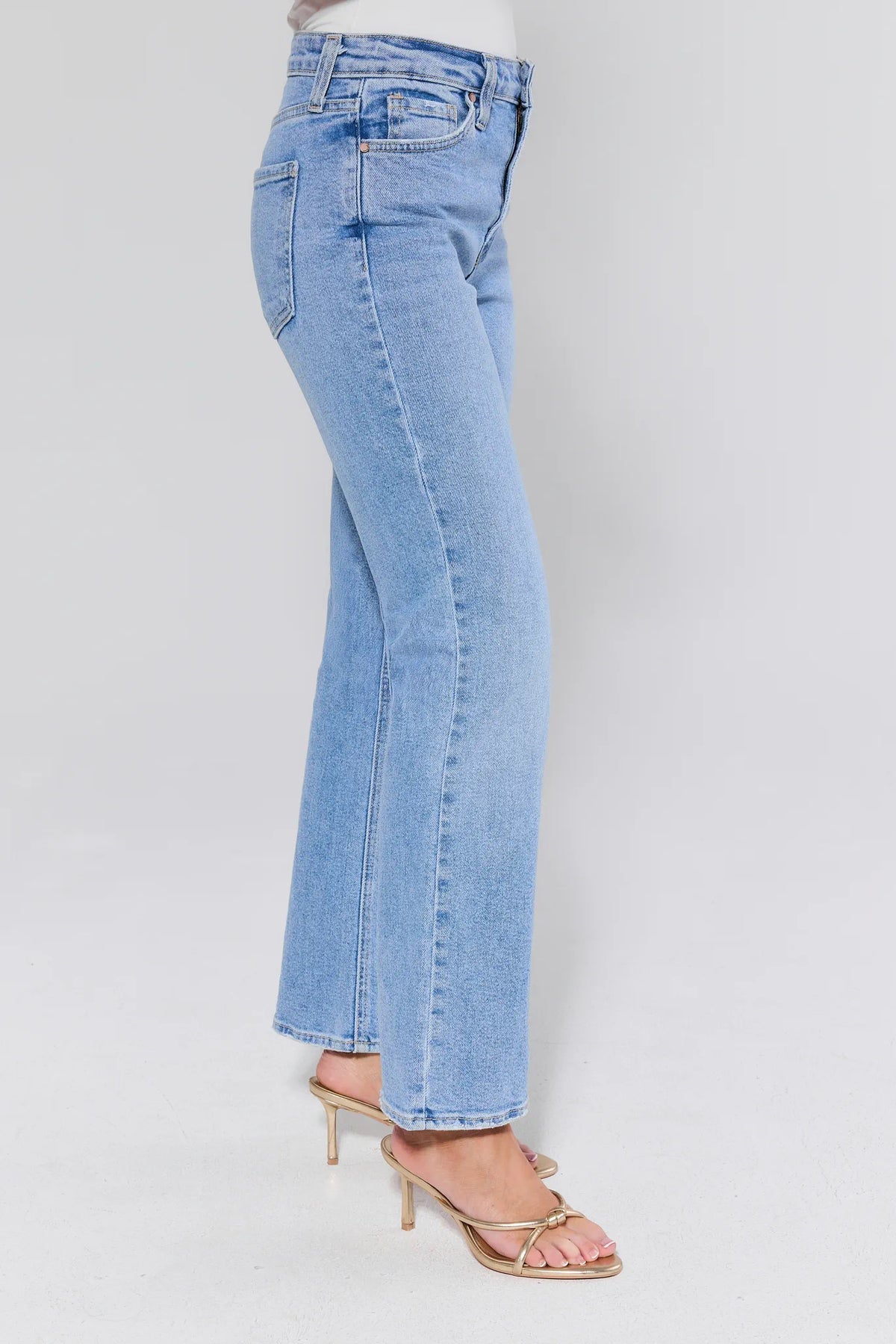 Laurel Light Wash Kick Flare Jeans - Side View, Kick Flare Silhouette Detail | Avara