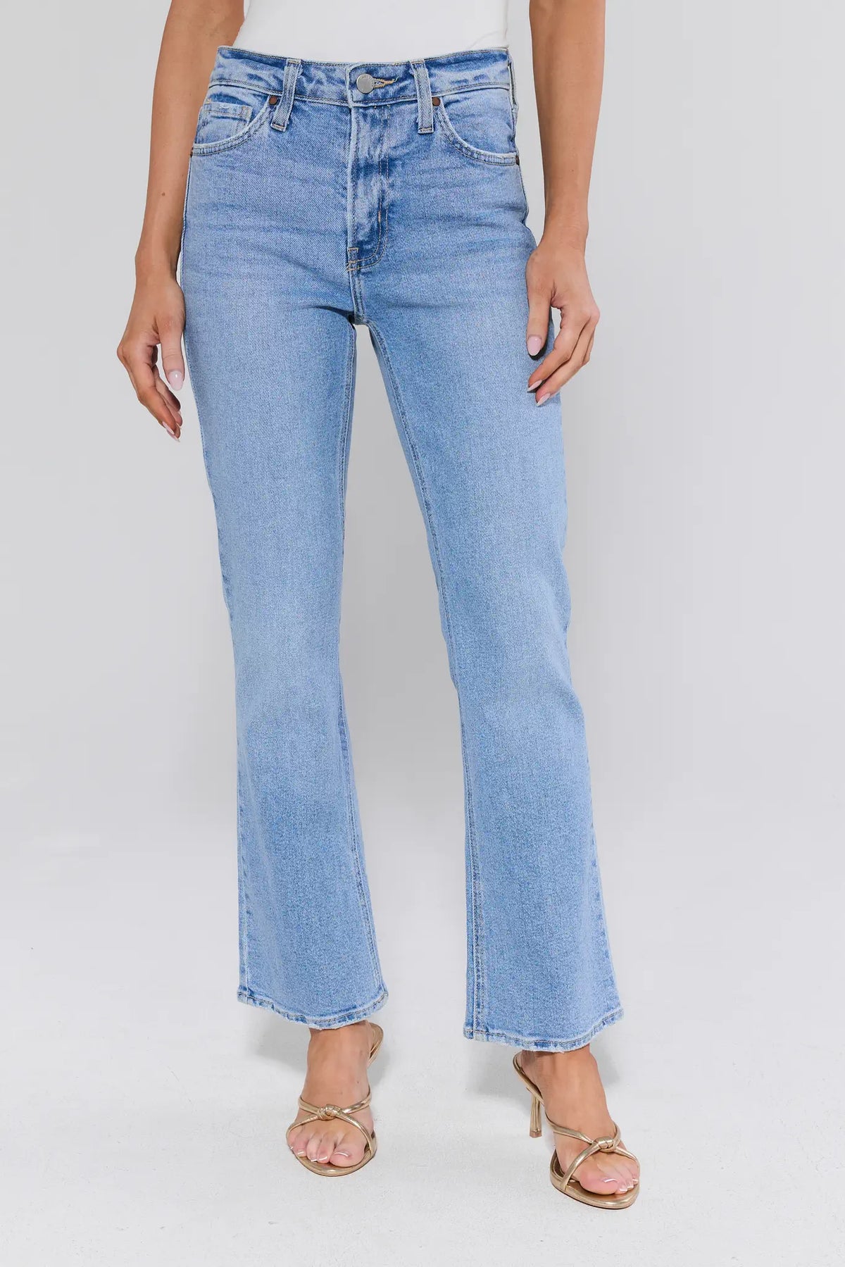 Laurel Light Wash Kick Flare Jeans - Front View, White Kick Flare Denim for Women | Avara