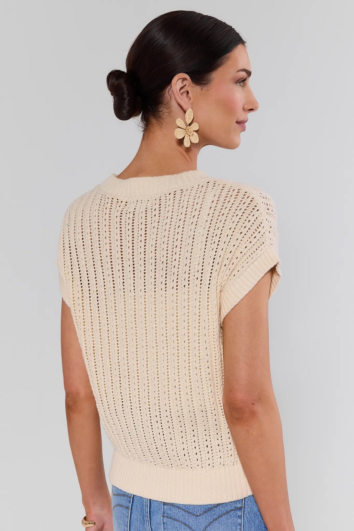 Cream crochet knit Beatrice Top - Back View showing open-knit texture and relaxed fit | Avara