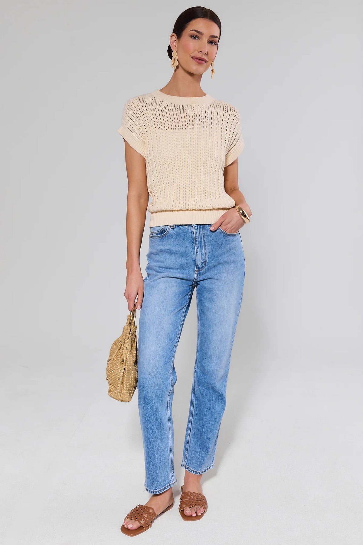 Cream knit Beatrice Top - Full Length Styled Look with blue jeans, woven bag and tan sandals | Avara