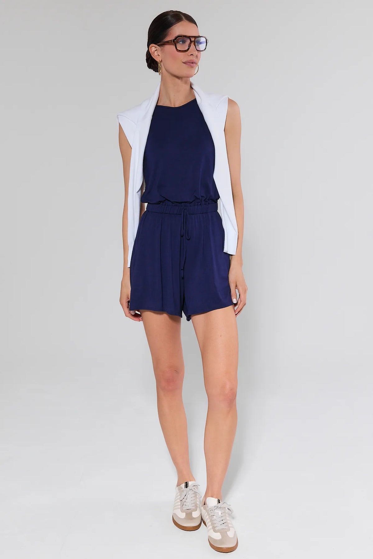 Heidi Navy Romper Styled with White Vest & Sneakers - Full Length Outfit View | Avara