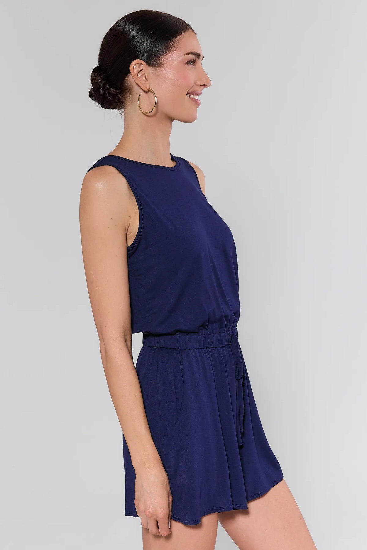Heidi Navy Blue Drawstring Romper - Side Profile View, Elastic Waist & Short Length | Avara