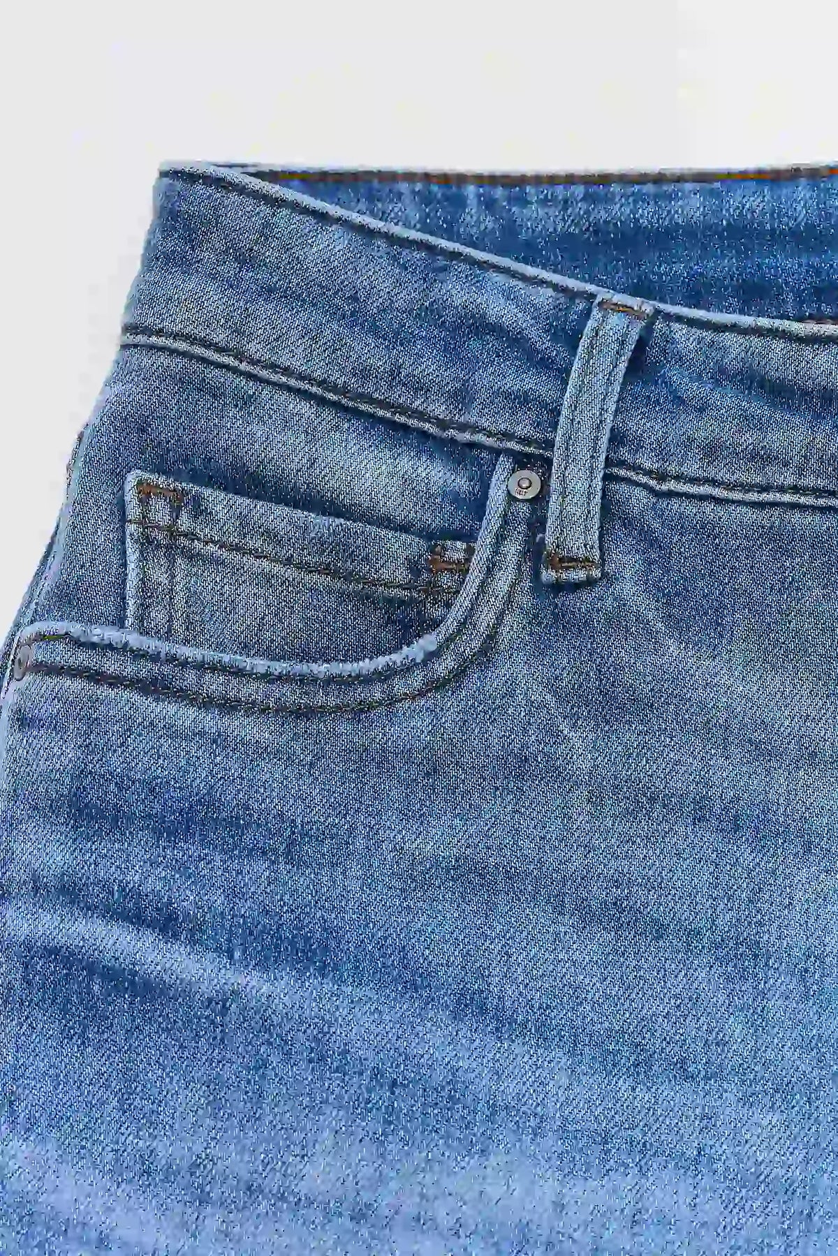 Medium Wash Denim Kick Flare Jeans - Waistband and Pocket Detail | Avara