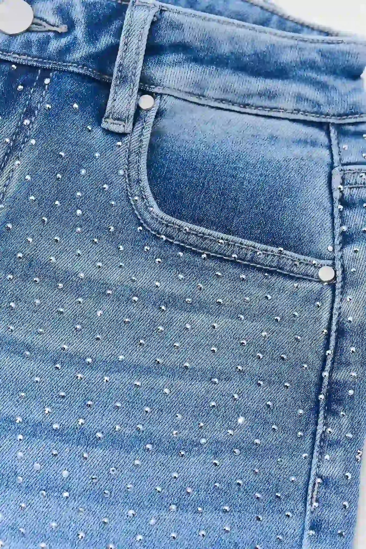 Blue Rhinestone Wide Leg Jeans - Close-Up Pocket & Allover Rhinestone Detail on Denim | Avara