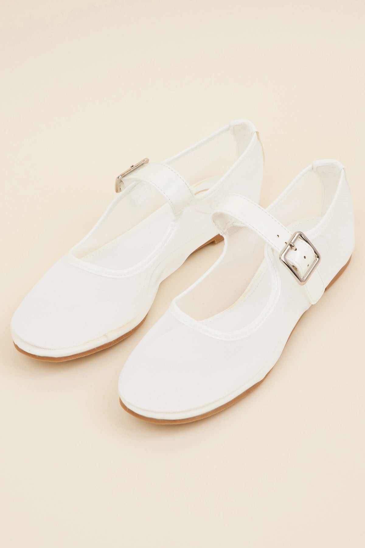 Clarissa White Mesh Flats - Pair Flat Lay, women's white mesh flats with adjustable silver buckle strap | Avara
