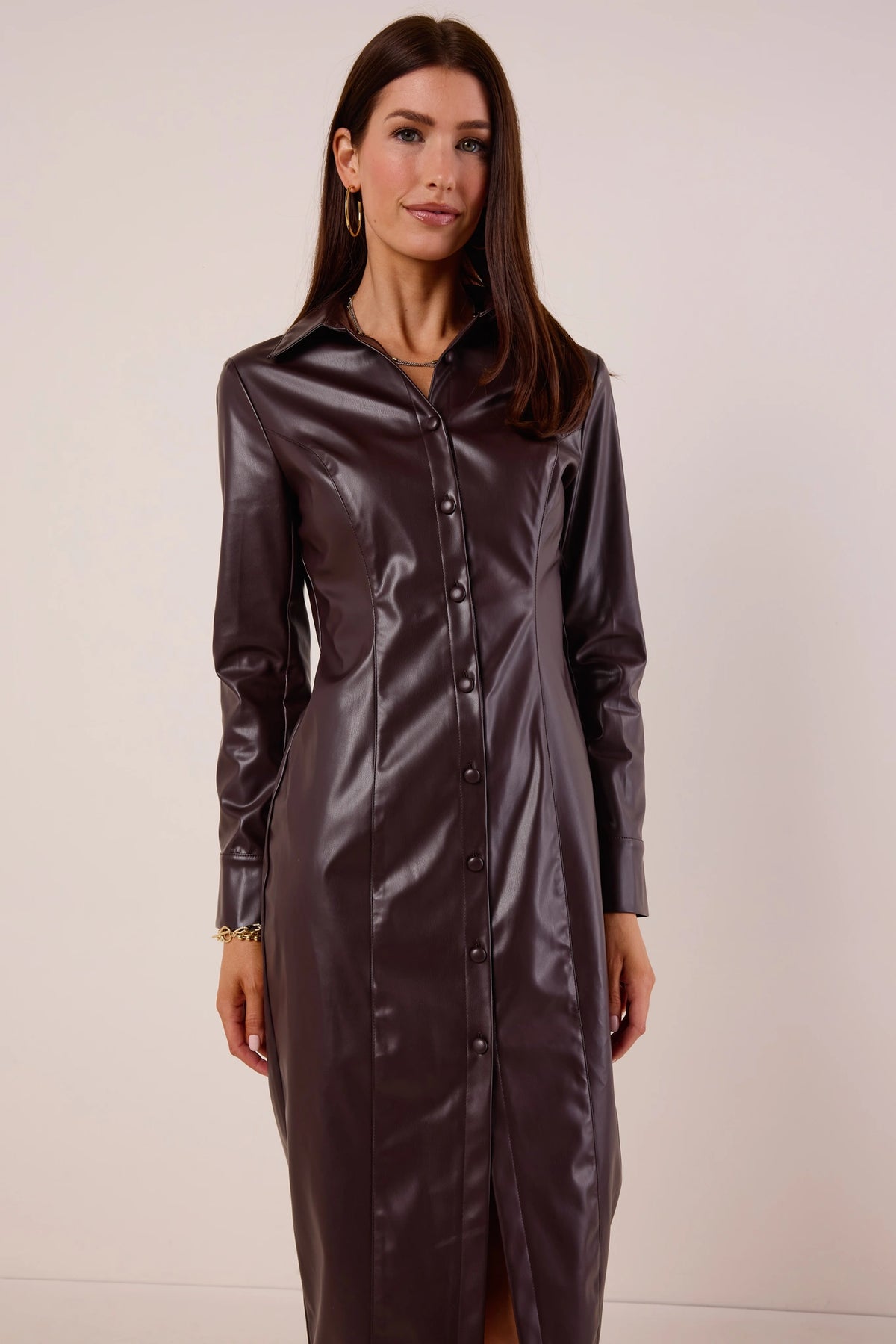 Rena Brown Faux Leather Midi Dress, button-front, pointed collar, long sleeves - Front View | Avara
