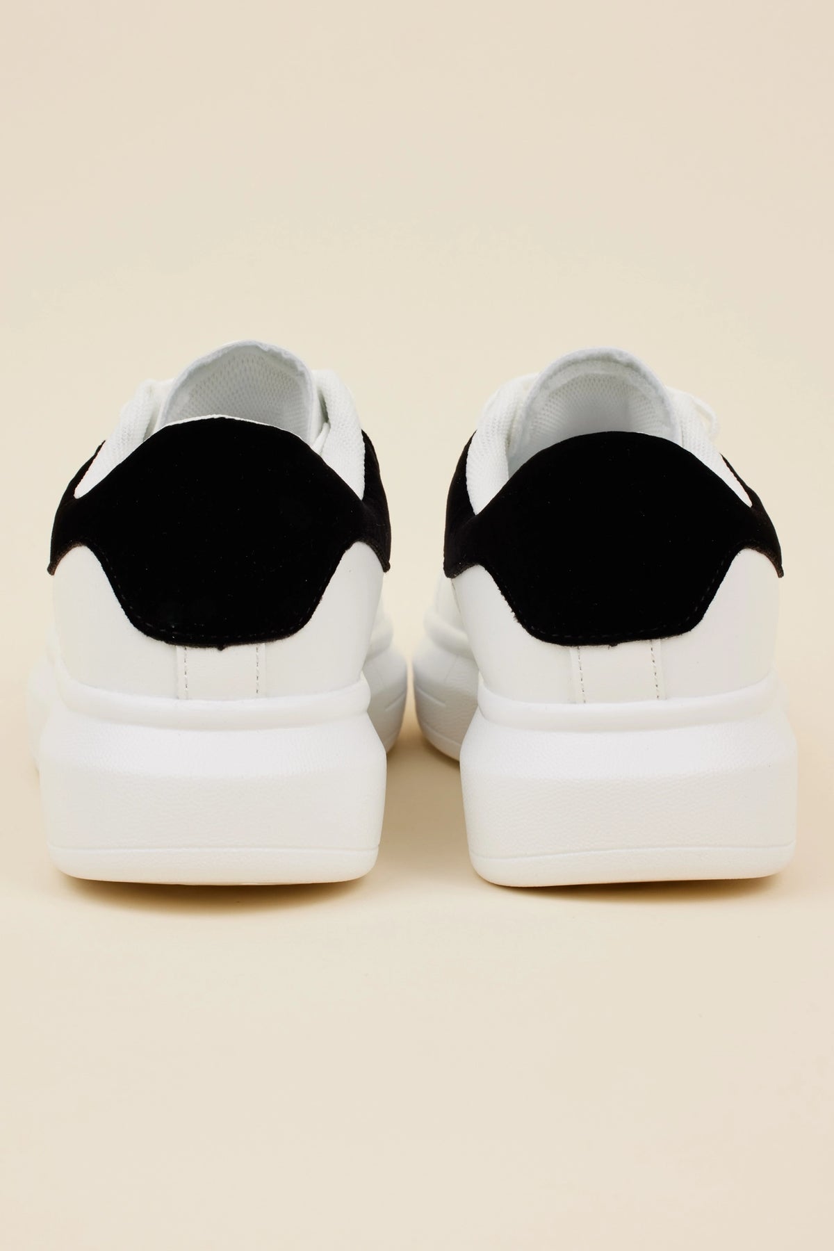 Georgie White Faux Leather Sneakers pair, black suede heel overlay and chunky platform sole - Back Detail | Avara