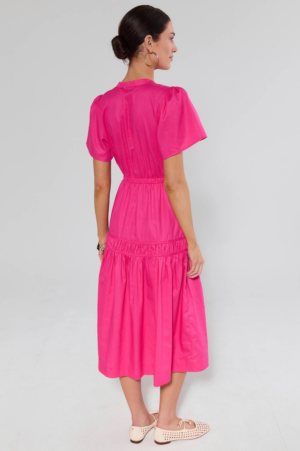 Valerie Pink Smocked Midi Dress - Back View, Full Length On Model | Avara