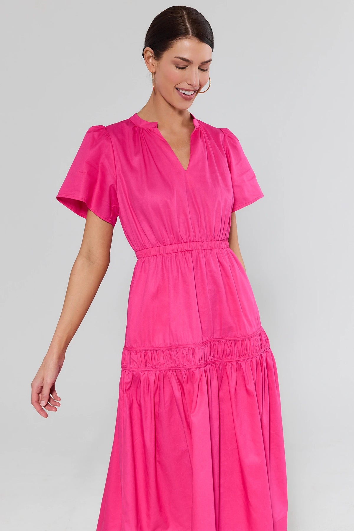 Valerie Pink Smocked Midi Dress - Tiered Skirt & Smocked Waist Detail, On Model | Avara