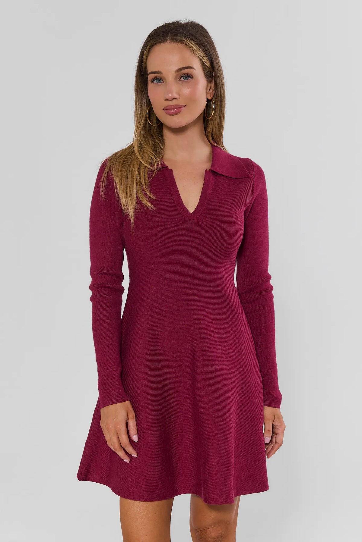 Burgundy Ribbed Knit Mini Dress - Front View, A-Line Silhouette | Avara