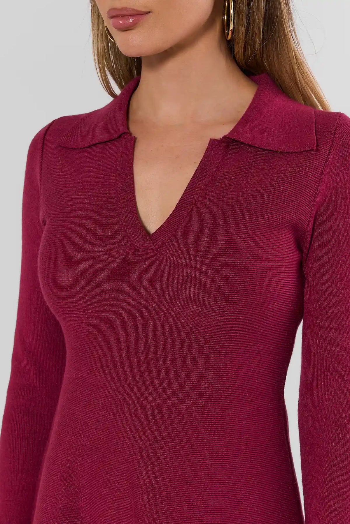 Burgundy Knit Mini Dress - Collar and V-Neckline Close-Up Detail | Avara