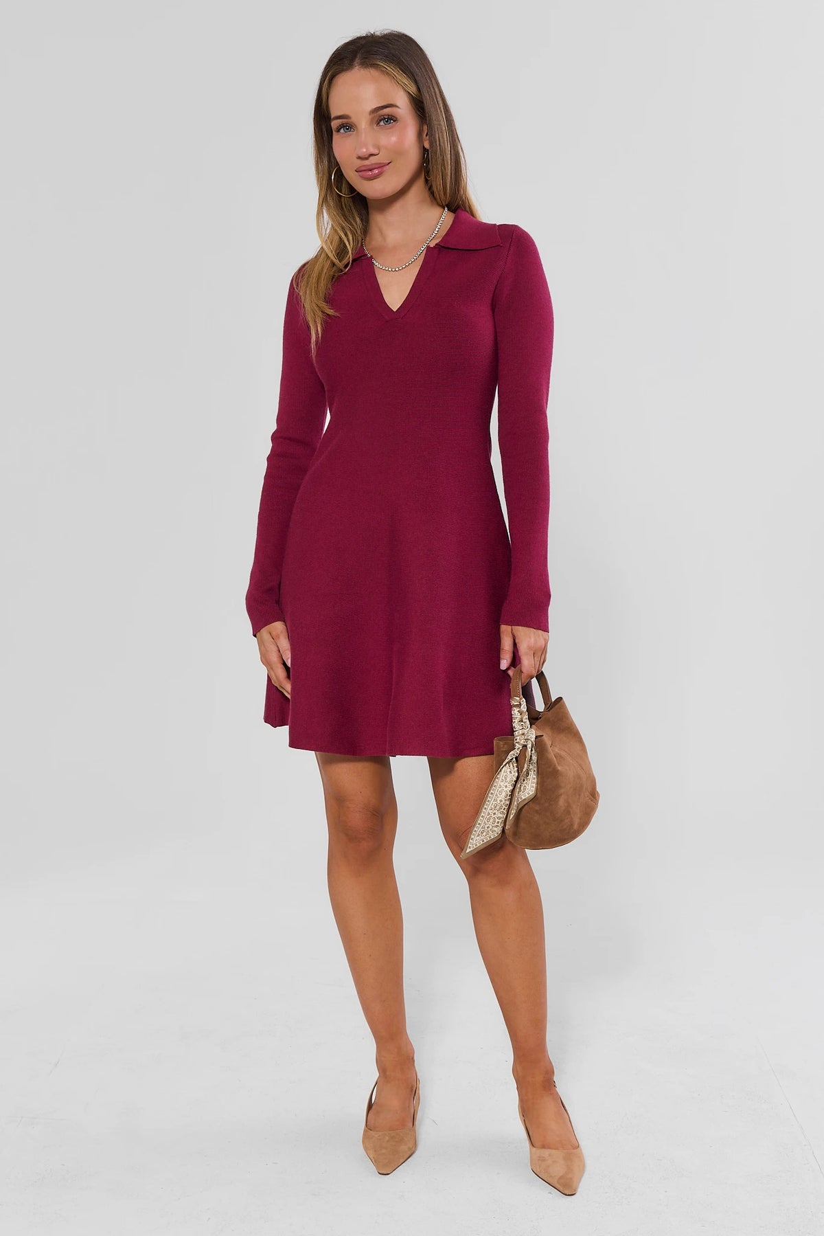 Burgundy Knit Mini Dress - Full Length Front View with Heels and Bag | Avara