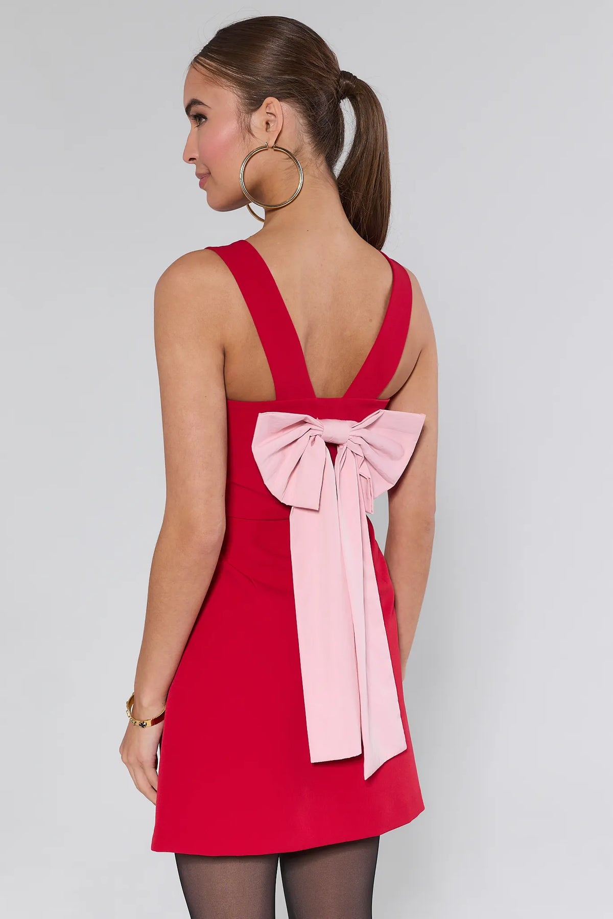 Red Nina Mini Dress - Back View, Pink Bow Detail and A-Line Skirt | Avara