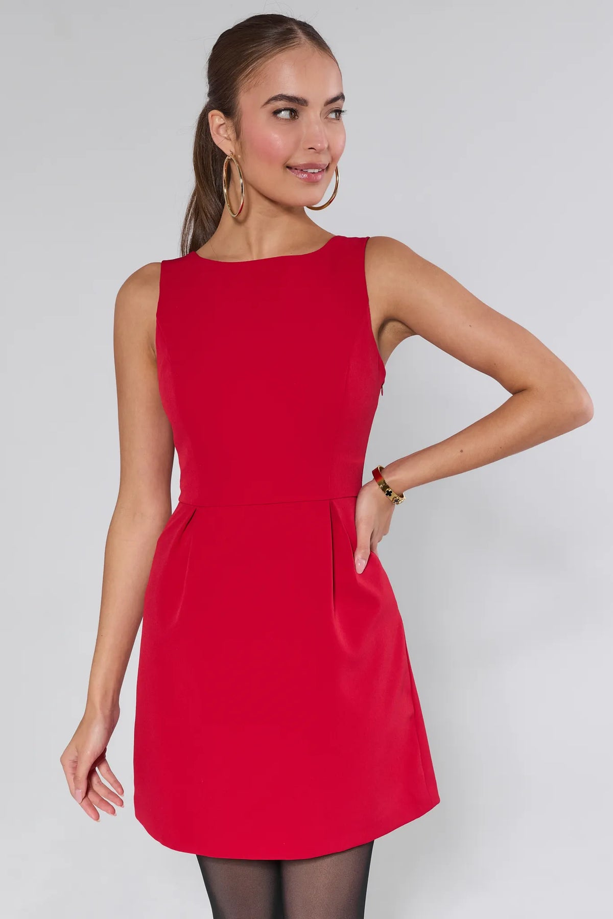 Red Nina Bow Mini Dress - Three-Quarter Front View, A-Line Silhouette | Avara