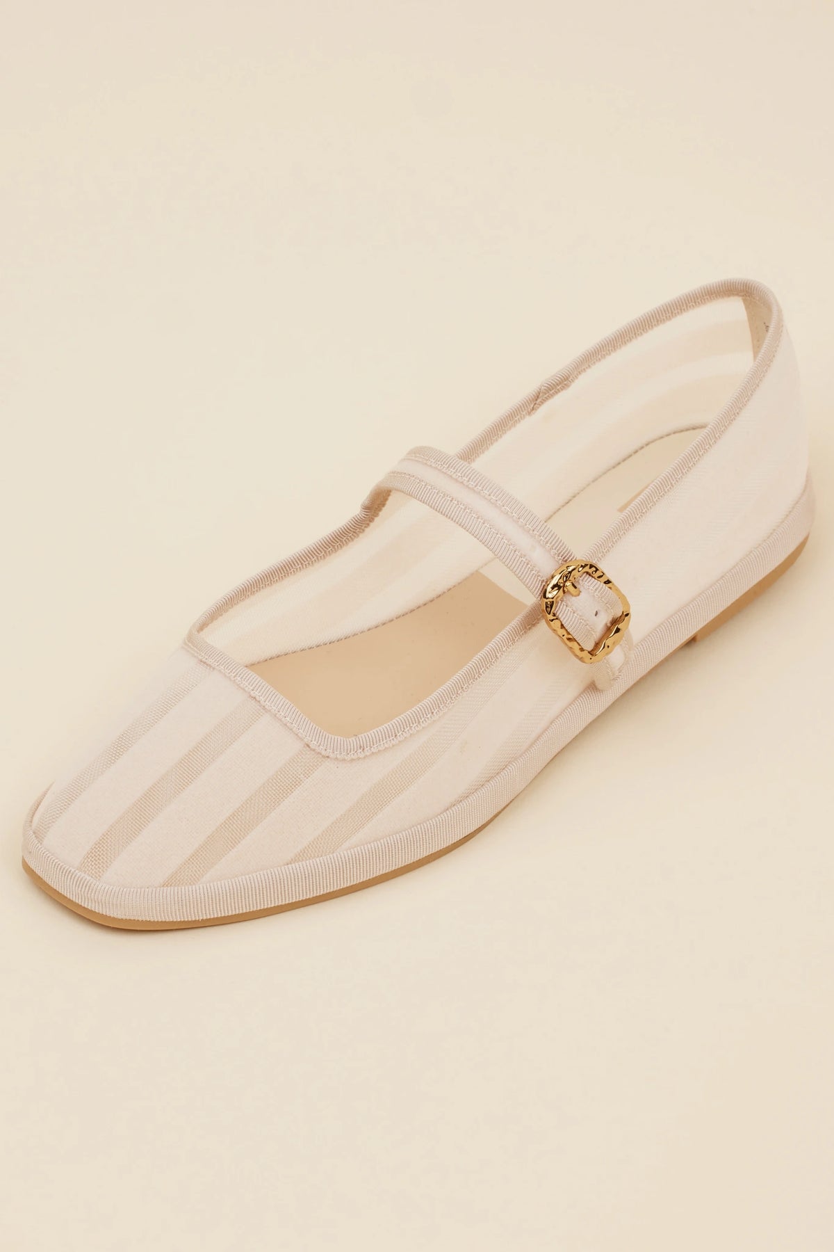 Dolce Vita Tameka Flats in cream striped semi-sheer fabric with gold buckle strap and square toe - Side View | Avara