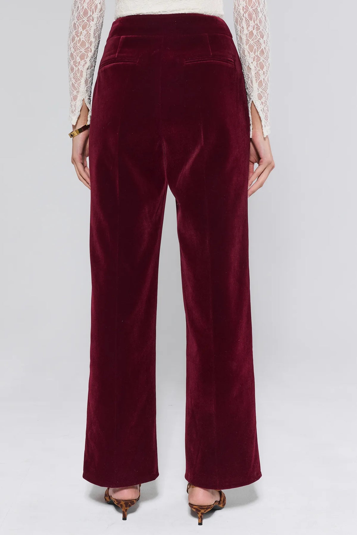 Evie Cranberry Velvet Pants - Back View, Wide Leg Trouser with Back Pockets | Avara