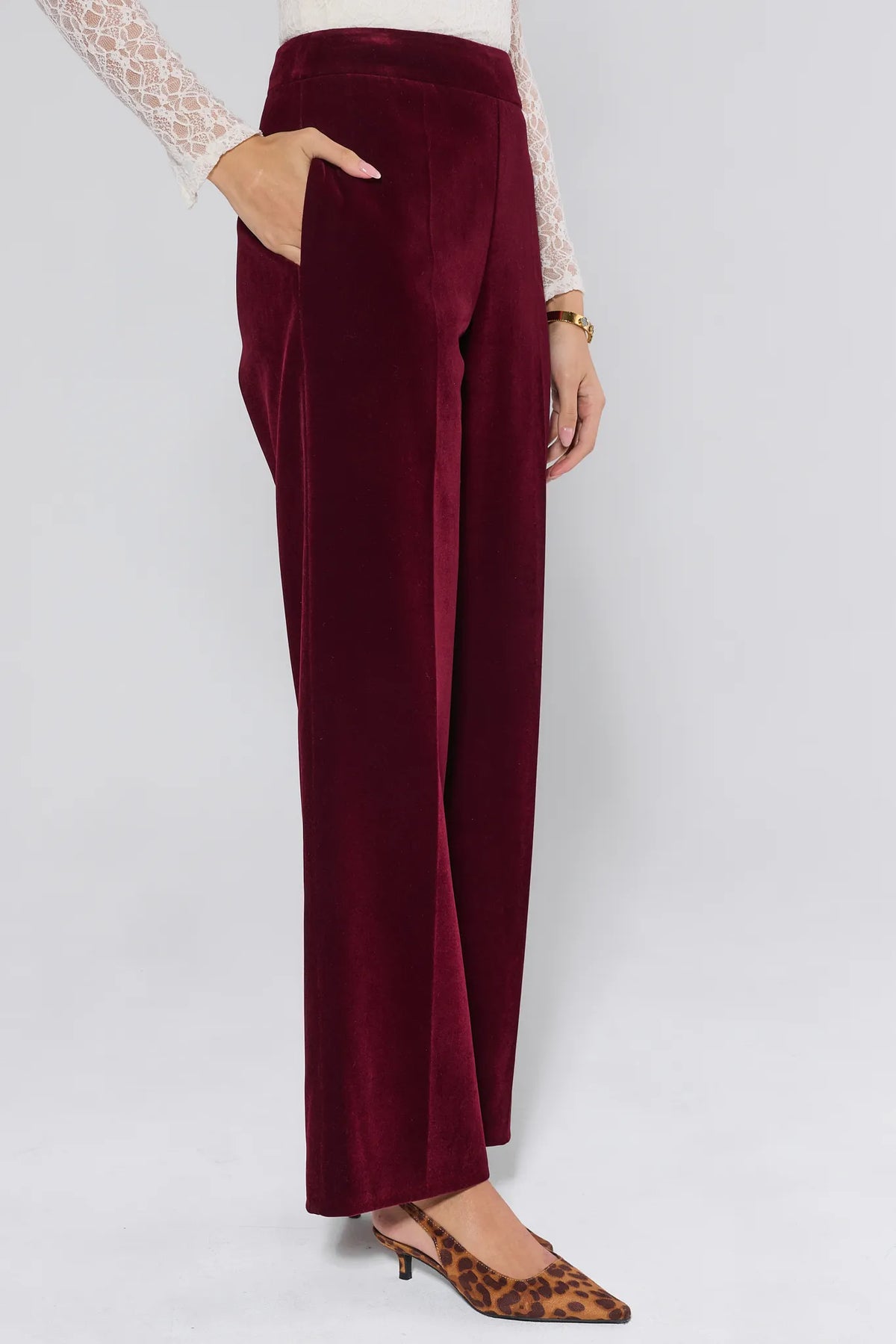 Evie Cranberry Velvet Pants - Side View with Pocket Detail, Wide Leg Trouser | Avara